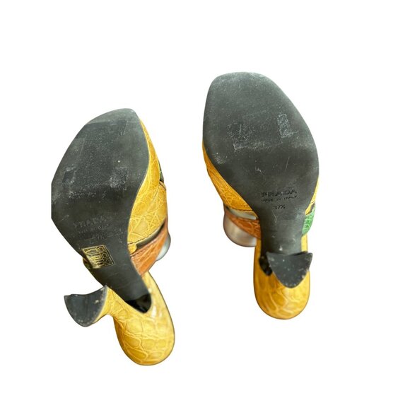 Prada Cocco Lucido Crocodile Platform Mules Heel Yellow Green Brown Brown Size 6 - Picture 8 of 8